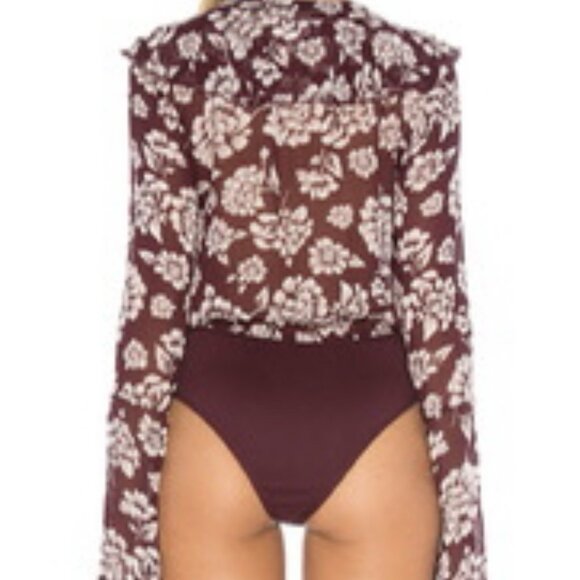 Band Of Gypsies Blouse Top Bodysuit XS Burgundy Vintage Floral Long Bell Sleeve - Picture 2 of 13